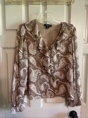 Rachel Zoe Taupe and Cream Paisley Ruffle V-Neck Blouse